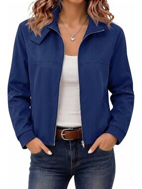 🆕Women’s Dark Blue Cropped Zip Up Jacket Funnel Neck Bubble Back Moto Coat